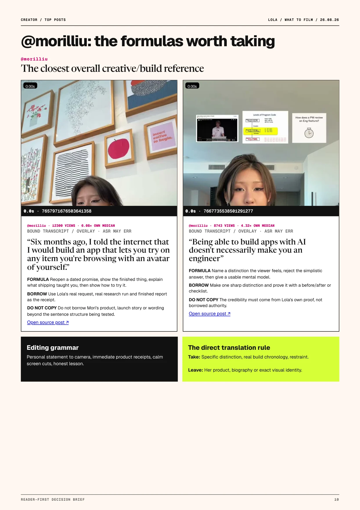 An early research page analysing two videos by @morilliu, with original frames, transcripts, and observations on their structure
