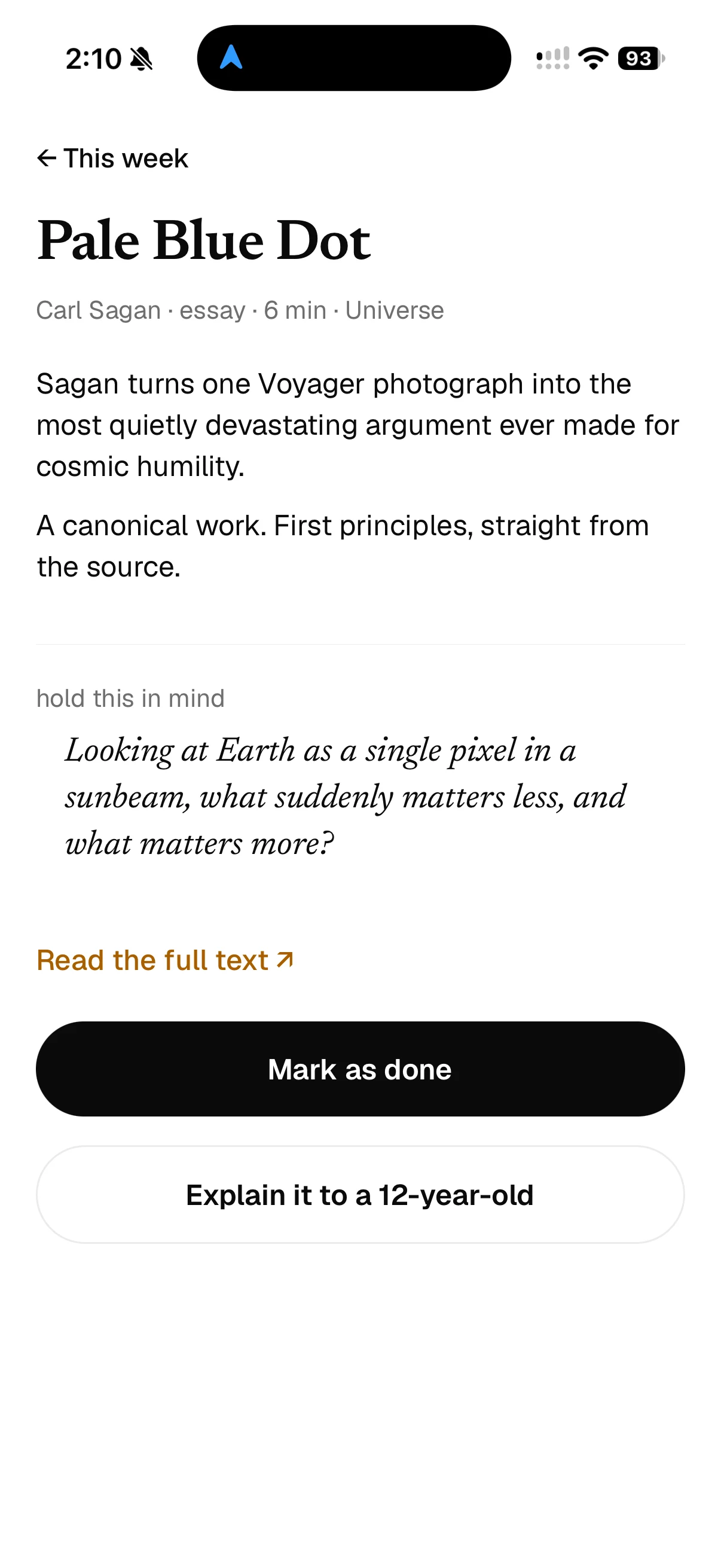 The Pale Blue Dot reading, a reflection question, and an option to explain it to a 12-year-old