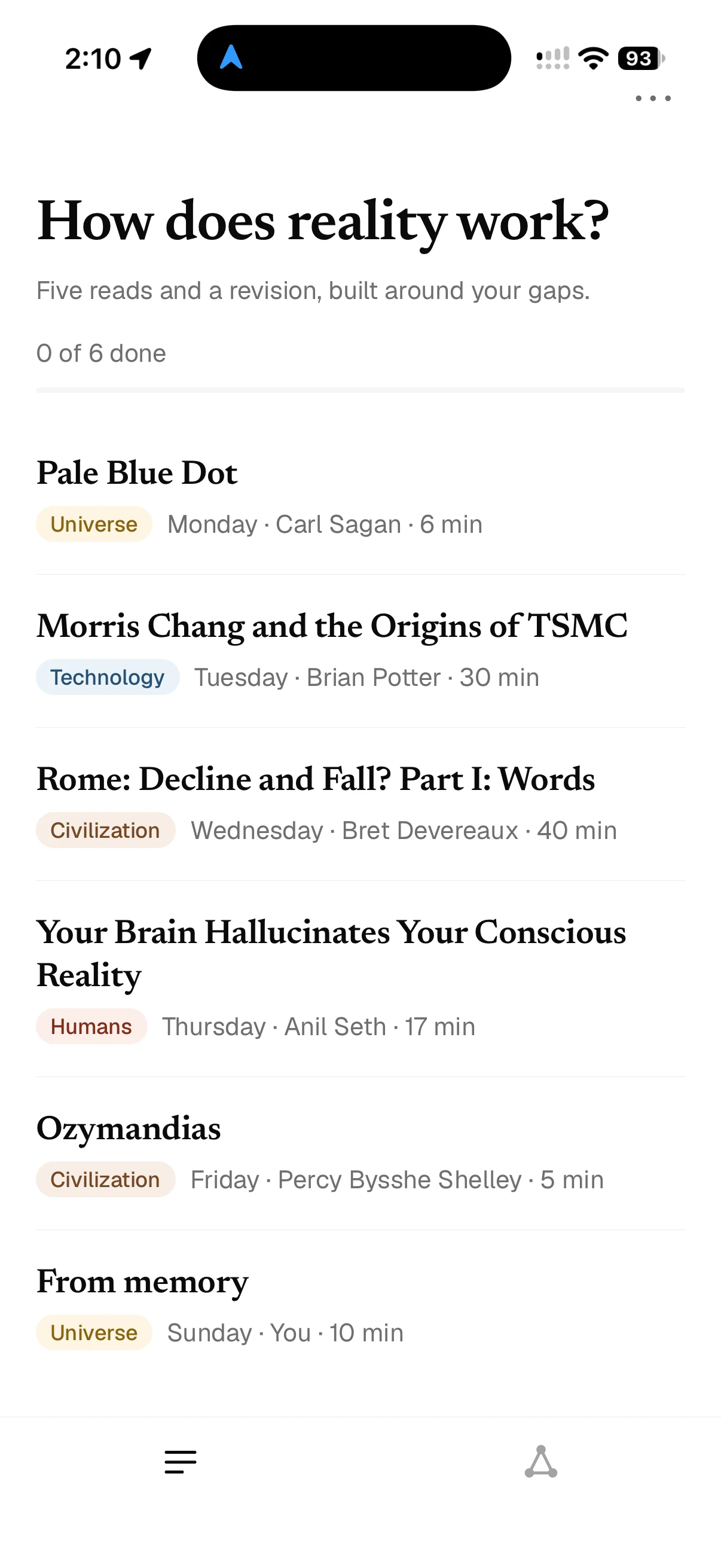 Pillars weekly reading list: five readings across the universe, technology, civilisation, and people, plus a Sunday revision
