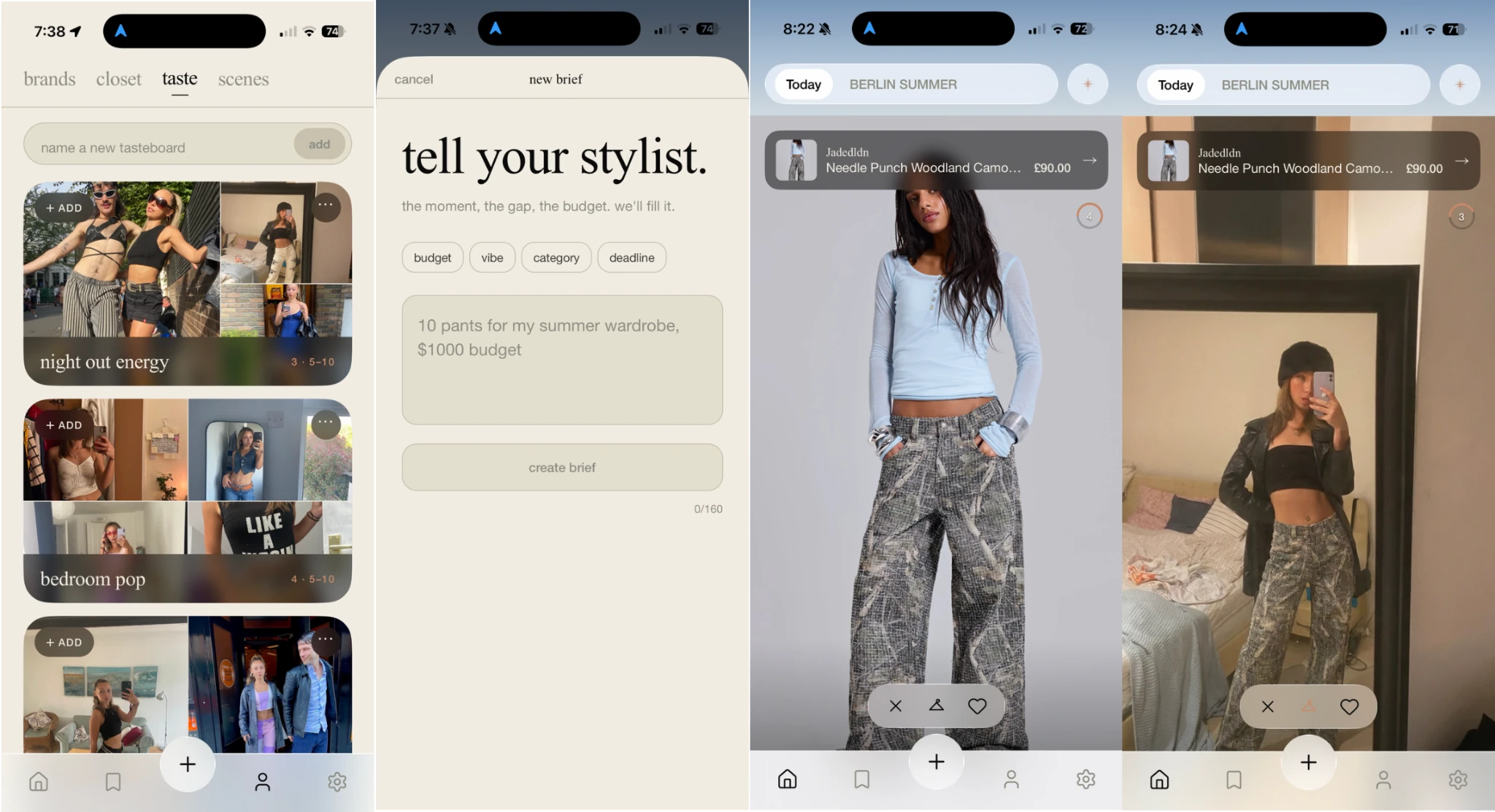 Four stages of Styled: personal tasteboards, a brief for summer clothes, the recommended trousers, and me wearing them